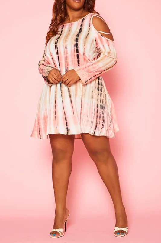 Plus Size Cold Shoulder Tie Dye Mini Dress Stylish Ruffle Mini Dress