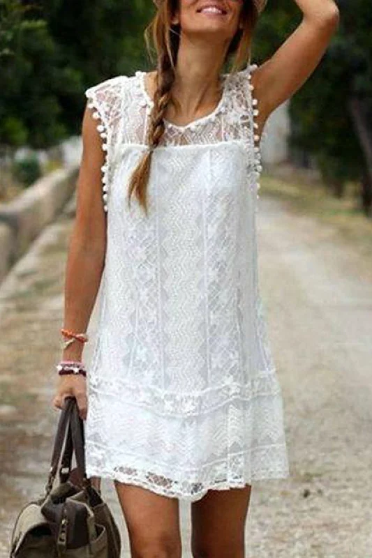Pom Pom Lace Mini Dress Chic Puff Sleeve Mini Dress