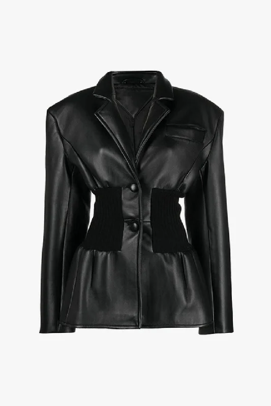 Powerful Notch Lapel Ribbed Knit Paneled Peplum Faux Leather Jacket Tailored Jacket Straight Jacket A-Line Jacket Powerful Notch Lapel Ribbed Knit Paneled Peplum Faux Leather Jacket Tailored Jacket Straight Jacket A-Line Jacket