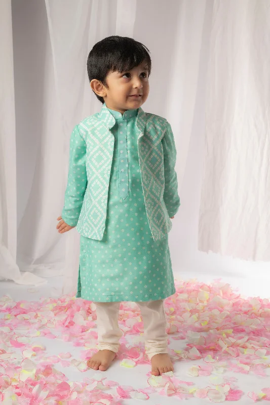 Pre-Order: Green Bandhej Kurta Nehru Jacket Set Knit Jacket Woven Jacket Fleece Jacket