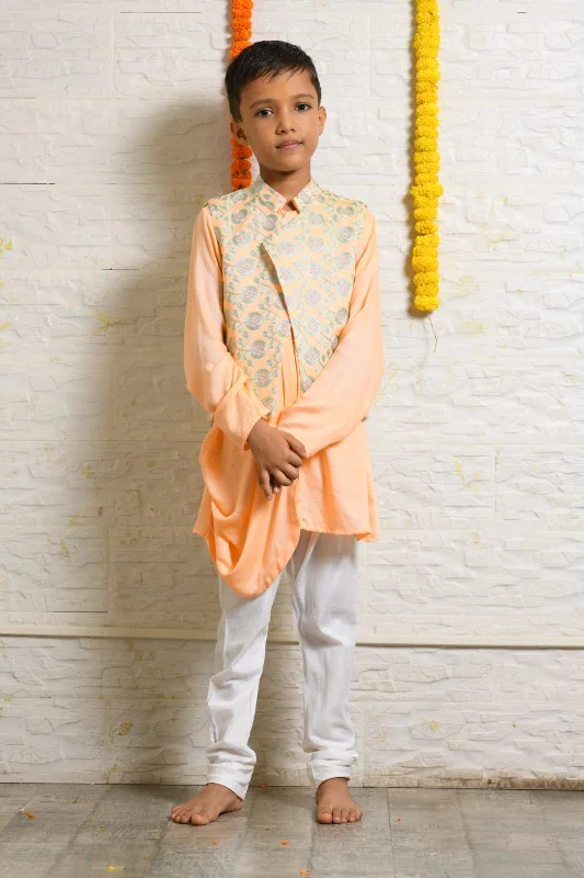 Pre-Order: Peach Drape Kurta with Heavy Embroidered Asymmetrical Jacket Set Stand-Up Collar Roll-Neck Collar Turtle Neck Pre-Order: Peach Drape Kurta with Heavy Embroidered Asymmetrical Jacket Set Stand-Up Collar Roll-Neck Collar Turtle Neck