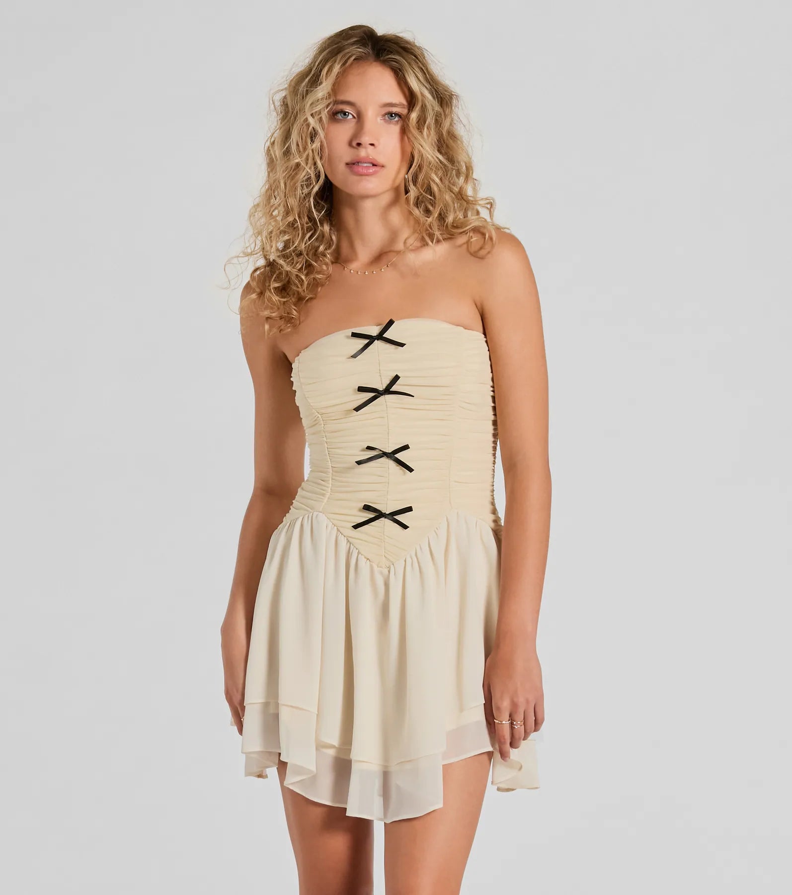 Prettiest Pick Strapless Bow A-Line Mini Dress Chic Tropical Mini Dress