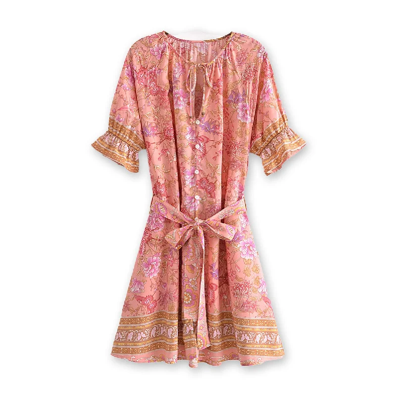 Pretty Pink Butterfly Boho Floral Print Mini Dress Elegant Sequin Mini Dress