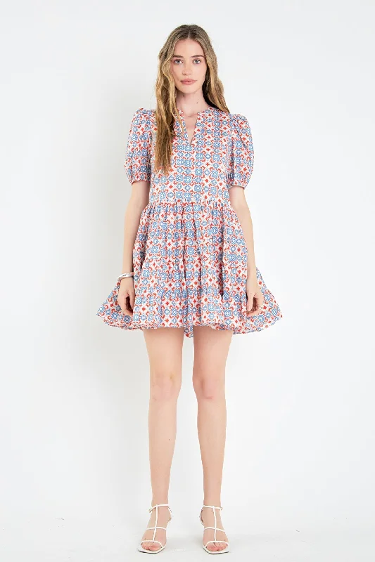 English Factory - Print Puff Sleeve Mini Dress Fashionable A-Line Mini Dress