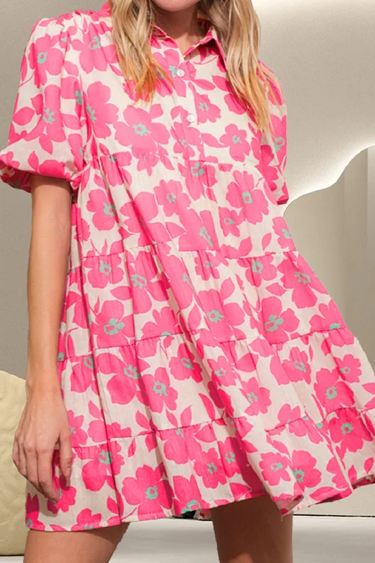 Printed Collared Neck Short Sleeve Mini Dress Stylish Short-Sleeve Mini Dress