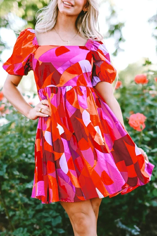 Printed Pink Mini Dress Trendy Button-Detail Mini Dress