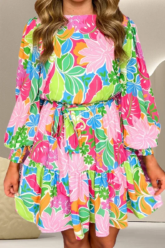 Printed Tie Waist Lantern Sleeve Mini Dress Trendy Lace Mini Dress