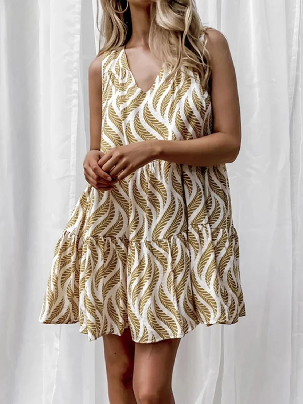 Printed V-Neck Sleeveless Mini Dress Casual High-Waist Mini Dress