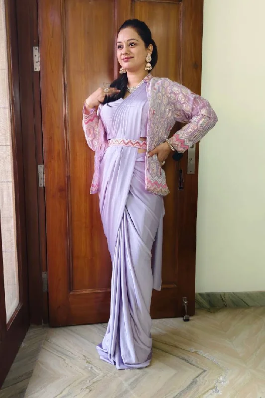 Ready to Wear Drape Saree With Belt And Jacket in Lavender Faux Fur Fabric Real Fur Fabric Shearling Fabric Ready to Wear Drape Saree With Belt And Jacket in Lavender Faux Fur Fabric Real Fur Fabric Shearling Fabric