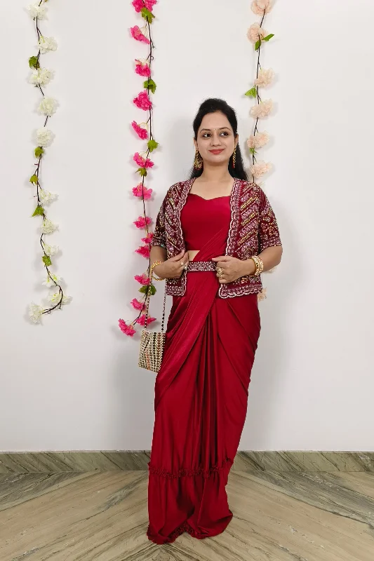 Ready To Wear Partywear Drape Saree With jacket In Red Bomber Jacket Anorak Windbreaker