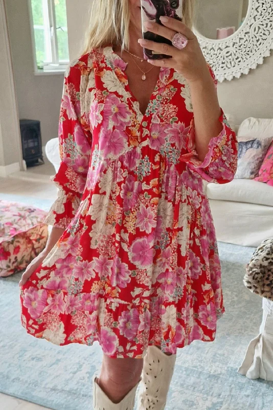 Red Floral Print High Waist V Neck Babydoll Mini Dress Cozy Knit Mini Dress