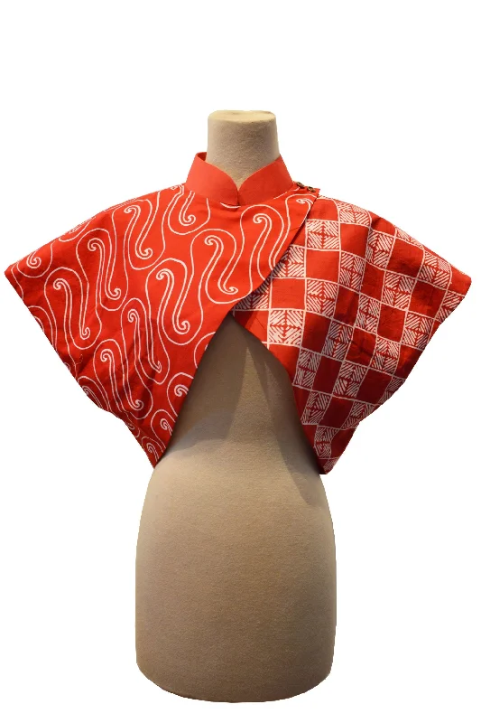 RED SWIRL MOTIVE AND RED CUBES BATIK WITH REVERSIBLE RED COTTON - REVERSIBLE BOLERO JACKET - MULTI Appliqued Jacket Beaded Jacket Sequined Jacket RED SWIRL MOTIVE AND RED CUBES BATIK WITH REVERSIBLE RED COTTON - REVERSIBLE BOLERO JACKET - MULTI Appliqued Jacket Beaded Jacket Sequined Jacket
