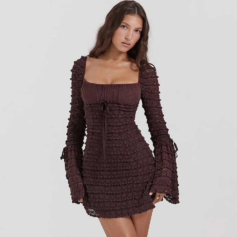 Retro Bow Square Neck Sheer Bell Sleeves Layered Lace Mini Dress - Brown Classic White Mini Dress Retro Bow Square Neck Sheer Bell Sleeves Layered Lace Mini Dress - Brown Classic White Mini Dress