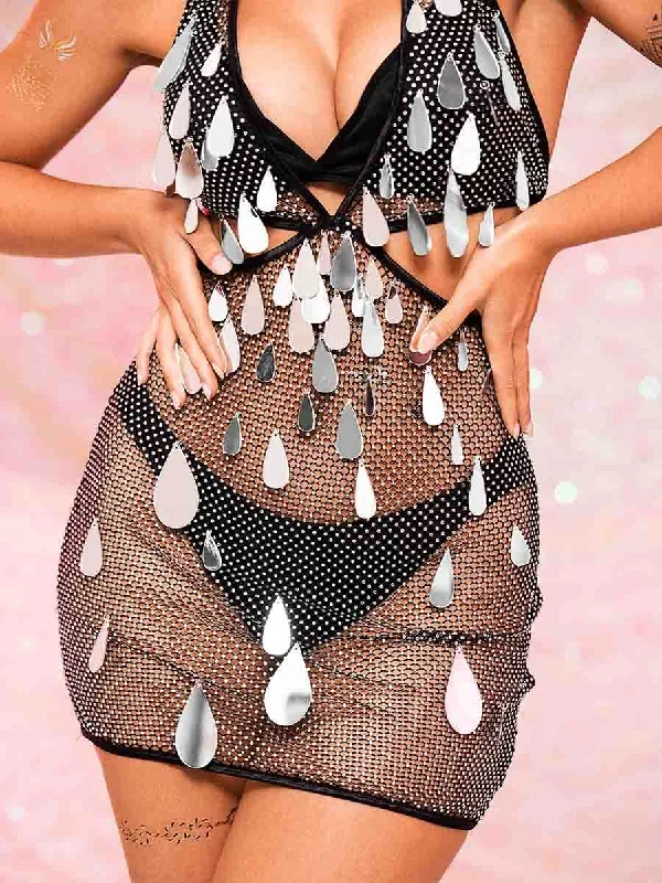 Rhinestone Sequin Dress - Deep V Hollow Mini Dress Comfortable One-Shoulder Mini Dress Rhinestone Sequin Dress - Deep V Hollow Mini Dress Comfortable One-Shoulder Mini Dress