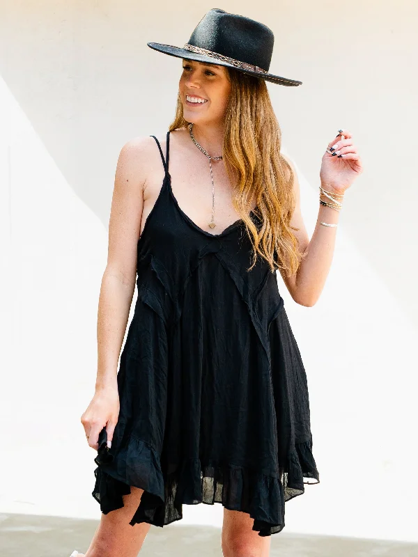 Black Flowy Tiered Rock Show Mini Dress Comfortable Casual Mini Dress