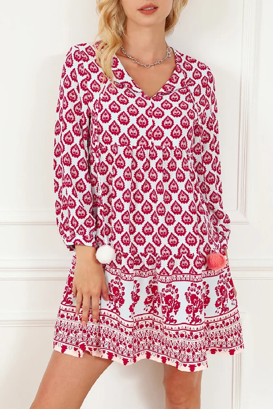 Rose Red Boho Tassel Tie Split Neck Puff Sleeve Mini Dress Elegant Lace-Up Mini Dress Rose Red Boho Tassel Tie Split Neck Puff Sleeve Mini Dress Elegant Lace-Up Mini Dress