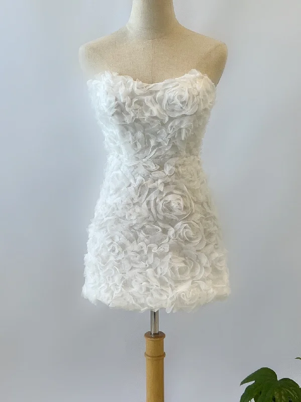 Rosette Mini Dress - White Cozy Satin Mini Dress