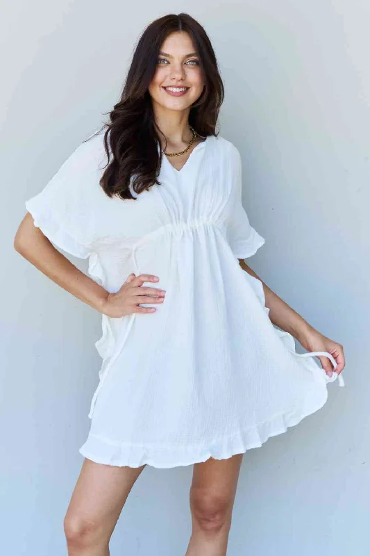 Ruffle Hem White Mini Dress Stylish Puff Sleeve Mini Dress