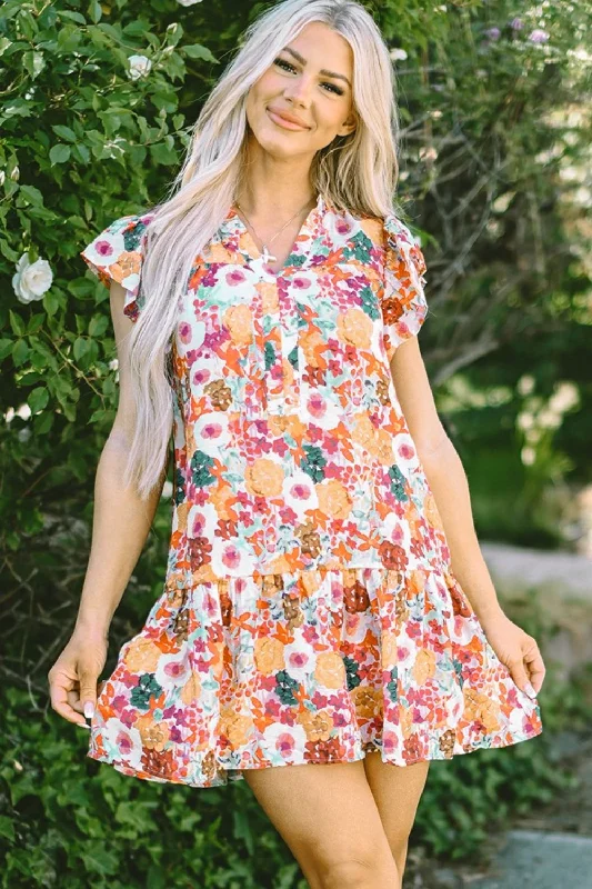 Ruffled Printed Cap Sleeve Mini Dress Chic Halter Mini Dress
