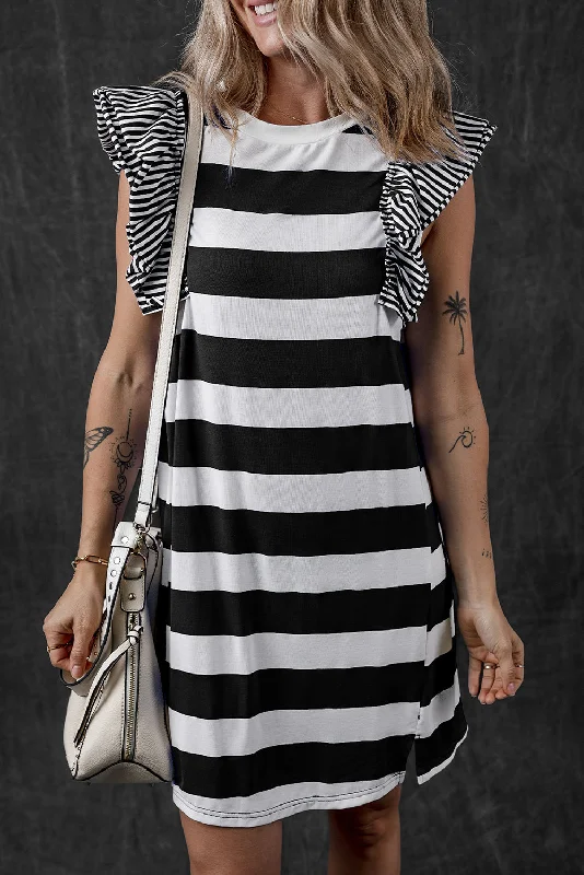 Ruffled Striped Round Neck Cap Sleeve Mini Dress Fashionable Mini Dress with Pockets