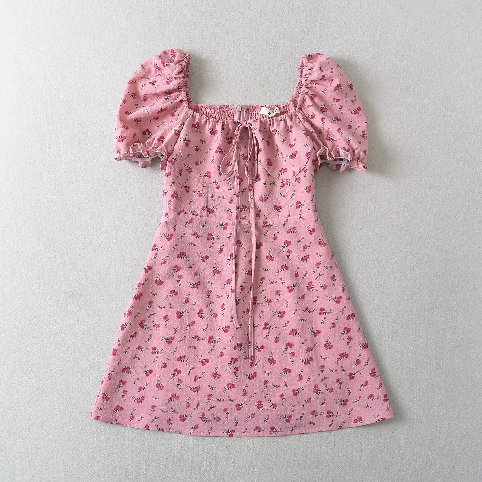Short Sleeve Summer Tie Up Floral Print A-Line Mini Dress Elegant Mini Dress with Ruffles