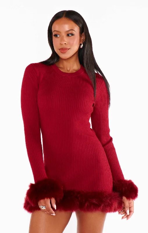 Show Me Your Mumu Fran Mini Dress - Cranberry Rib With Faux Fur Fashionable A-Line Mini Dress Show Me Your Mumu Fran Mini Dress - Cranberry Rib With Faux Fur Fashionable A-Line Mini Dress