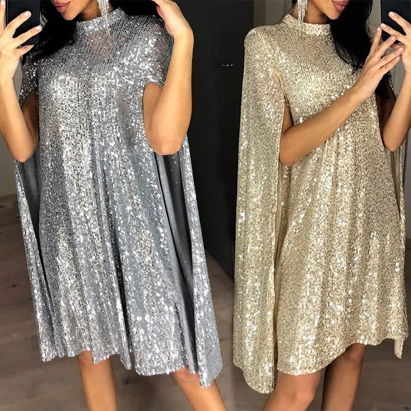 Silver gold sequins shining cape dress | long sleeves mini dress party prom dress Elegant Satin Mini Dress Silver gold sequins shining cape dress | long sleeves mini dress party prom dress Elegant Satin Mini Dress