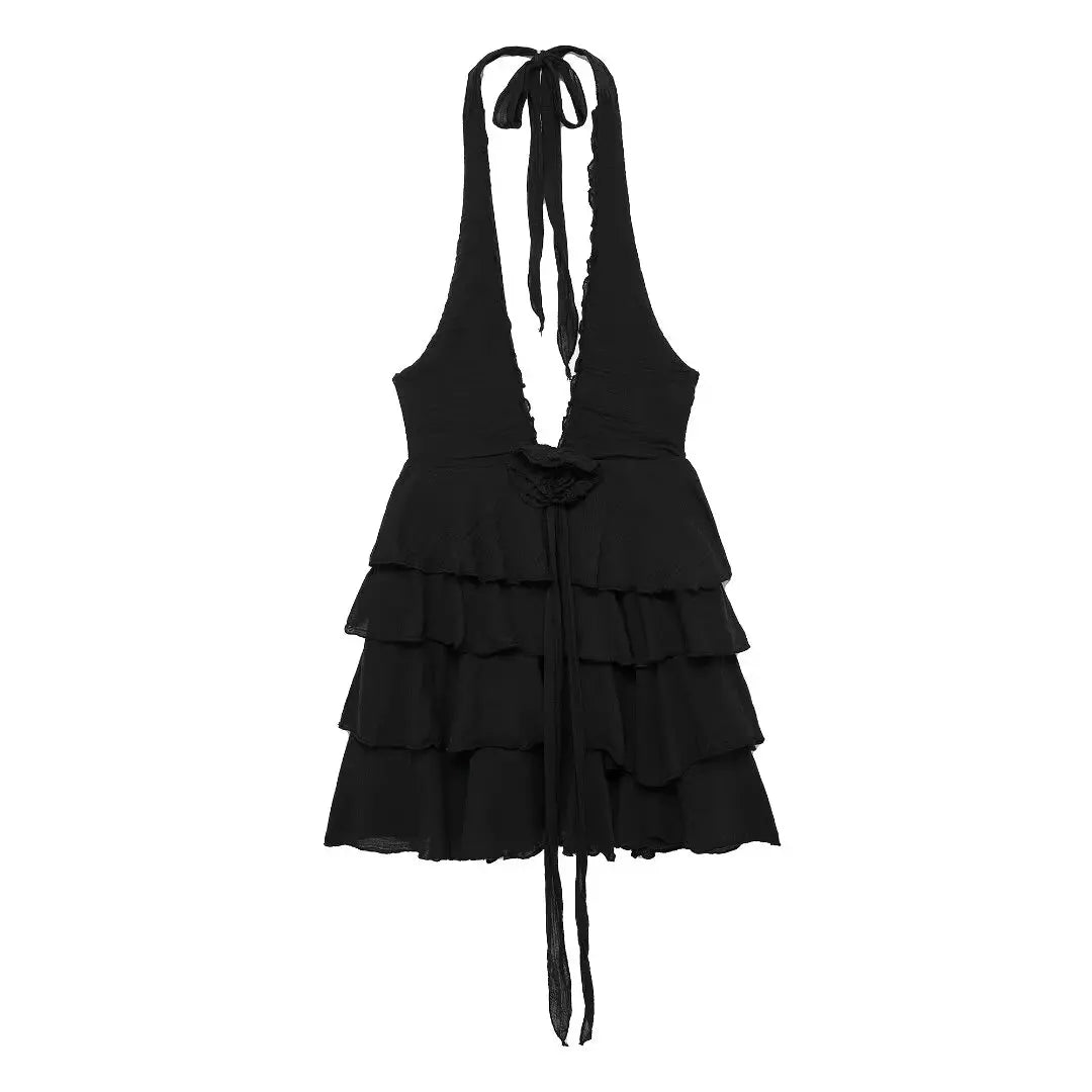 Sleeveless Backless Zipper Black Mini Dress Fashionable Lace-Trim Mini Dress