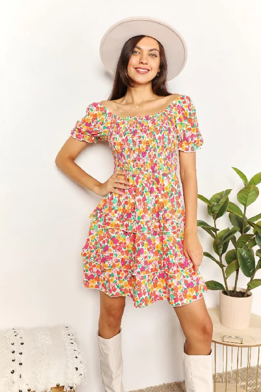 Smocked Sweetheart Neck Flounce Sleeve Mini Dress Comfortable Polka Dot Mini Dress
