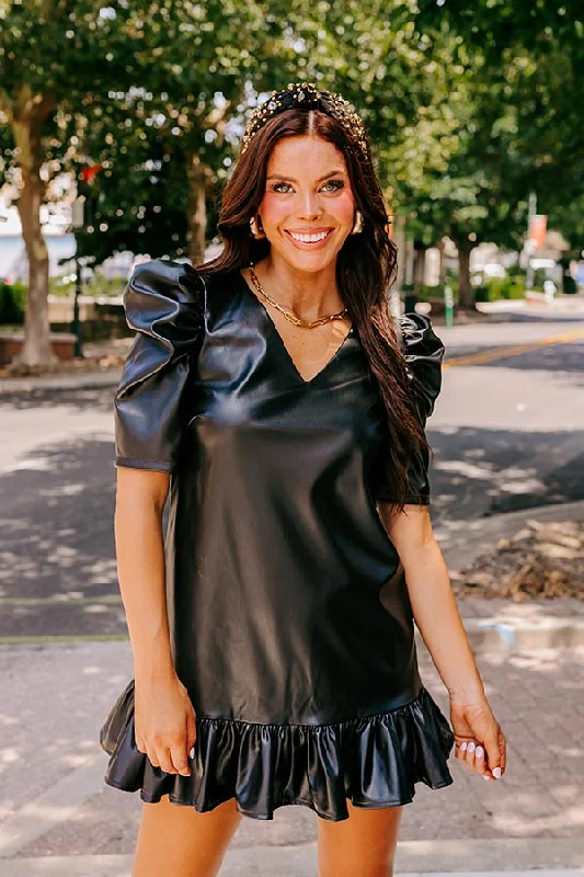 Stylish Setting Faux Leather Mini Dress in Black Casual V-Neck Mini Dress