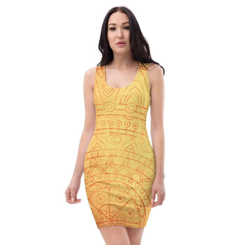 Designer Mellow Yellow Mandala Fitted Mini Dress, lioness-love Classic Floral Mini Dress Designer Mellow Yellow Mandala Fitted Mini Dress, lioness-love Classic Floral Mini Dress
