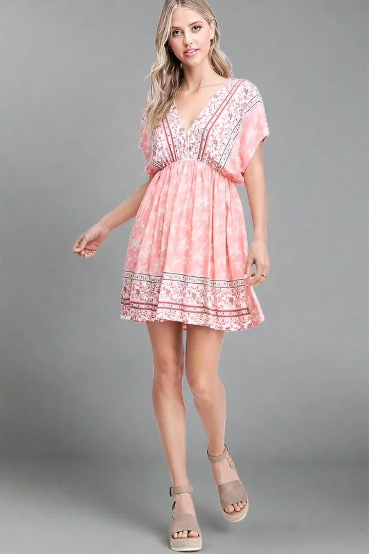 Sweet Tea Print Mini Dress - Coral Cozy Ribbed Mini Dress
