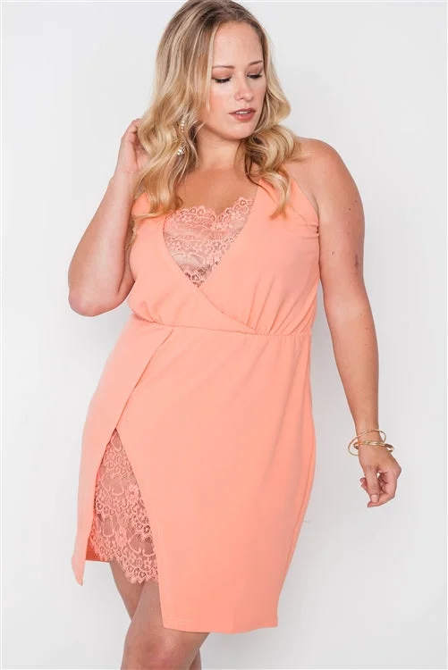 Plus Size Lace Detail Bodycon Mini Dress Trendy Mini Dress with Belt