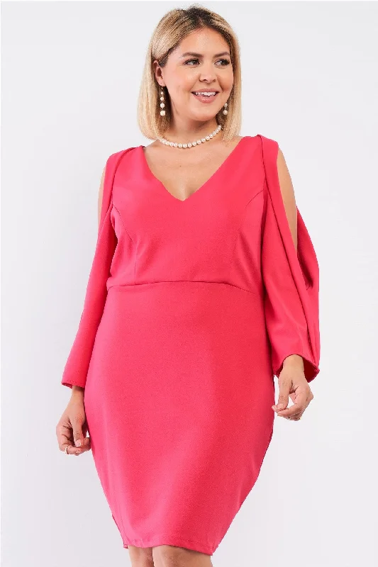 Plus Coral Pink Plunging V-neck Long Slit Sleeve Detail Mini Dress Cozy Ruched Mini Dress Plus Coral Pink Plunging V-neck Long Slit Sleeve Detail Mini Dress Cozy Ruched Mini Dress