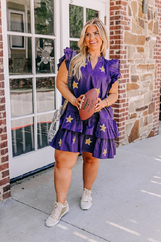 Under The Stadium Lights Ruffle Mini Dress in Purple Curves Chic Bohemian Mini Dress