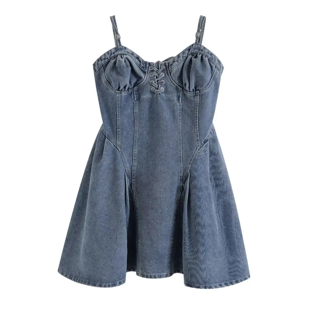 Vintage Y2K Blue Denim Mini Dress Trendy Tulle Mini Dress