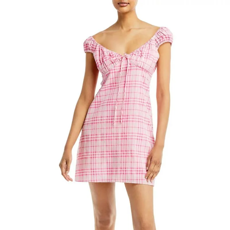 WAYF Ladies Pink & White Smocked Off-the-Shoulder Barbie Mini Dress Elegant Mini Dress with Ruffles WAYF Ladies Pink & White Smocked Off-the-Shoulder Barbie Mini Dress Elegant Mini Dress with Ruffles