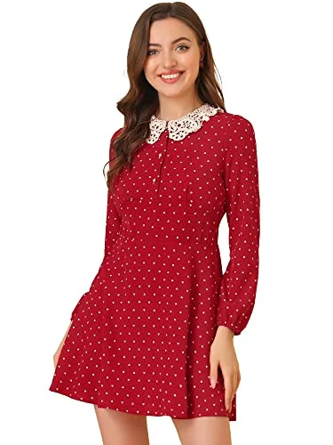 Women's Christmas Costume Heart Print Peter Pan Collar Long Sleeve Mini Dress Comfortable One-Shoulder Mini Dress