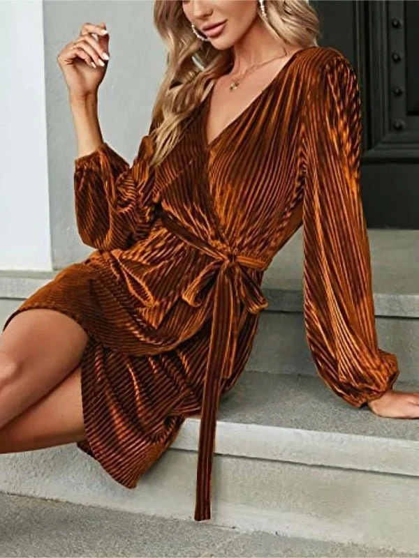 Women's Dresses Lace Up Solid Velvet Long Sleeved Mini Dress Chic Mini Dress with V-Neck Women's Dresses Lace Up Solid Velvet Long Sleeved Mini Dress Chic Mini Dress with V-Neck