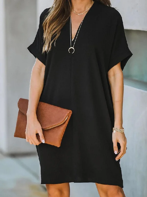 Women's Dresses V-Neck Short Sleeve Solid Loose Mini Dress Elegant Silk Mini Dress