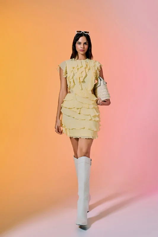 Yellow Buttercup Frill Mini Dress Comfortable Zip-Up Mini Dress