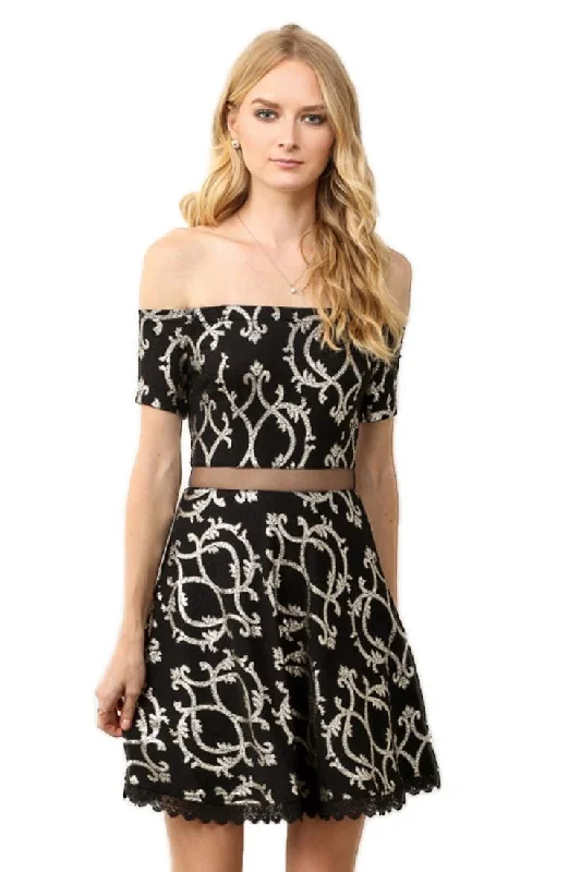 Off Shoulder Mini Dress Short Sleeve Flare Skirt Black Gold Classic Floral Mini Dress Off Shoulder Mini Dress Short Sleeve Flare Skirt Black Gold Classic Floral Mini Dress