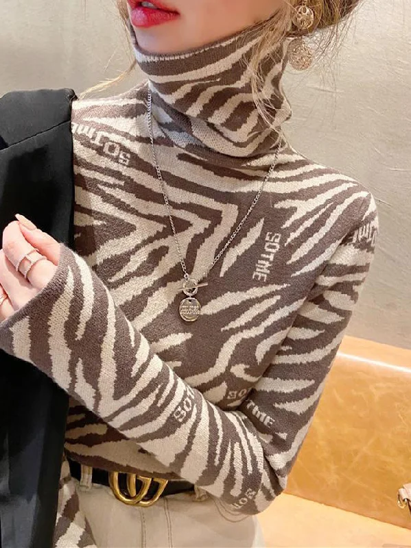 Ashoreshop Slim Fit Womens new leopard pullover turtleneck sweater Houndstooth Herringbone Solid