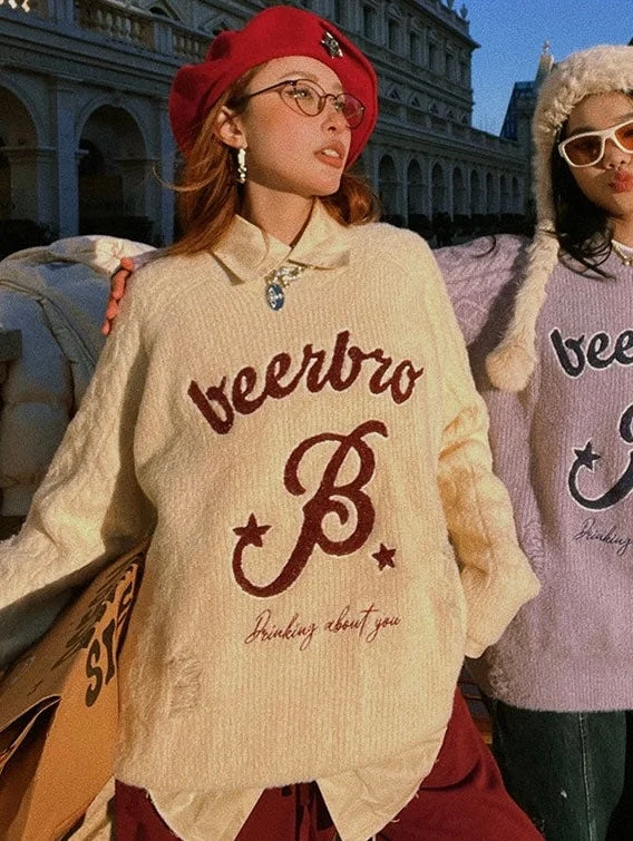Beerbro B Letter Embroidery Solid Color Ribbed Long Sleeve Sweater Solid Print Embellished
