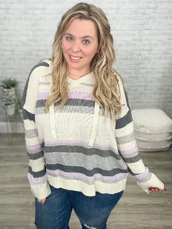 Sweet Lavender Striped Spring Sweater with Hood Turtle Neck Boat Neck Asymmetrical Neck Sweet Lavender Striped Spring Sweater with Hood Turtle Neck Boat Neck Asymmetrical Neck