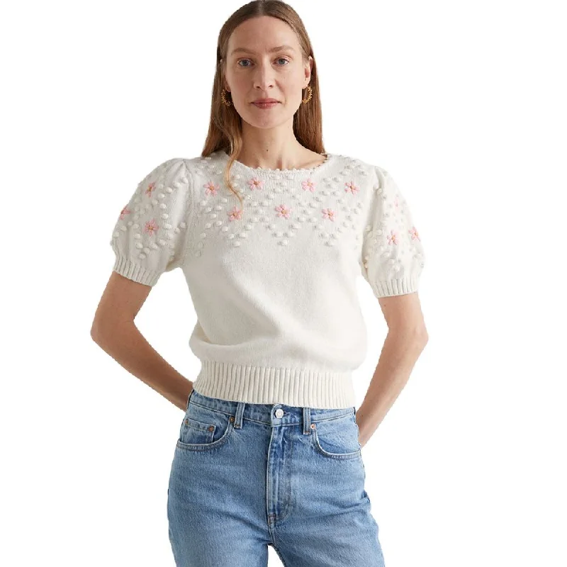 Customized Short puffed Sleeve Knitted Top for Ladies embroidered sweater Solid Color Striped Floral Print Customized Short puffed Sleeve Knitted Top for Ladies embroidered sweater Solid Color Striped Floral Print