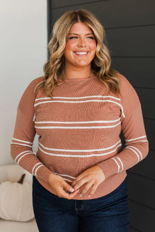 Inspirational Talks Striped Sweater- Terracotta Mesh Blend Leather Blend Suede Blend Inspirational Talks Striped Sweater- Terracotta Mesh Blend Leather Blend Suede Blend