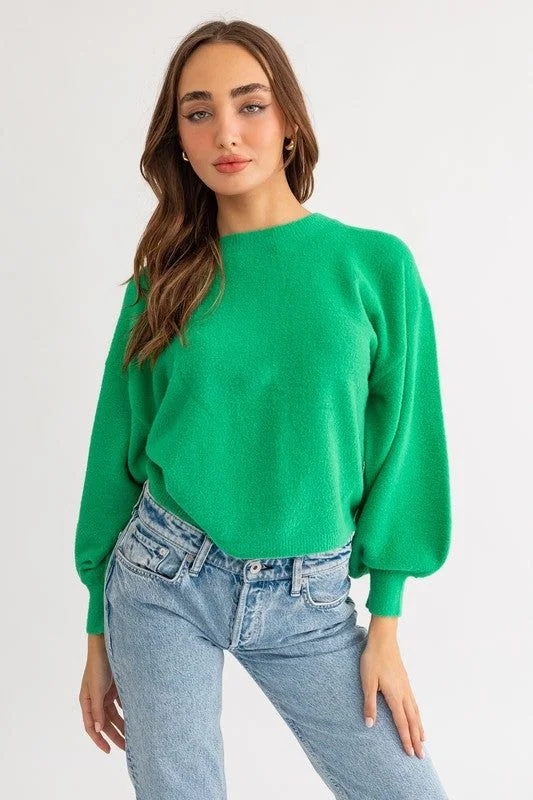 LE LIS Fuzzy Sweater with Back Ruching Houndstooth Herringbone Solid