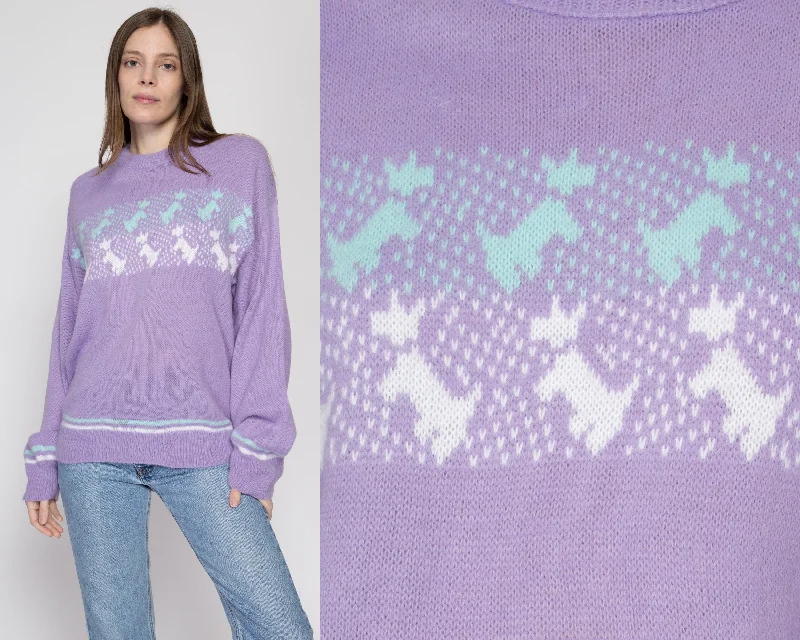 Large 80s Lilac Scottie Dog Oversize Sweater Tailored Straight A-Line
