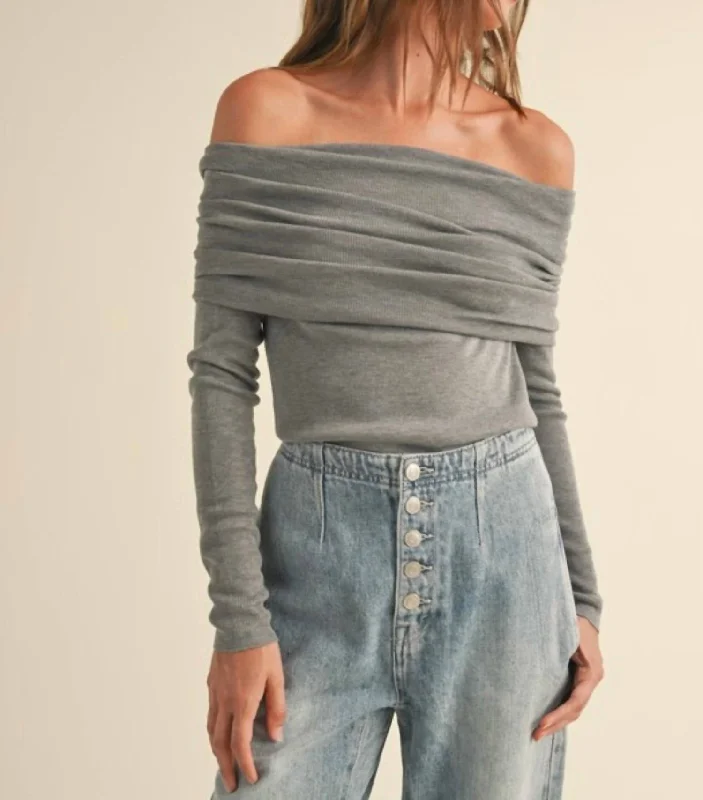 Off The Shoulder Sweater Top In Grey Oversized Loose Flowy